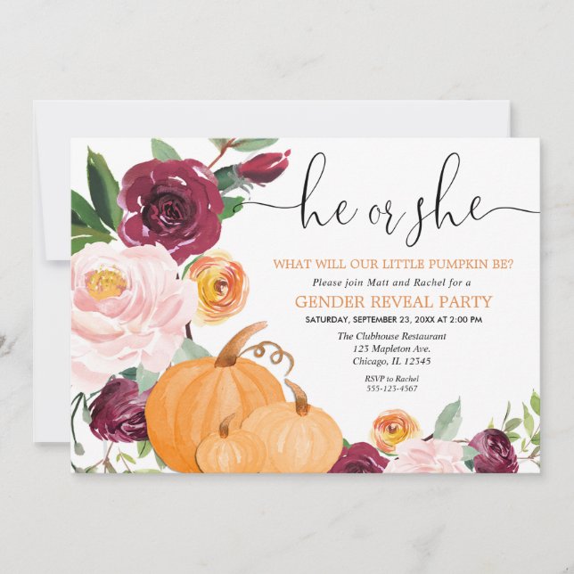 Little pumpkin fall gender reveal floral invitation (Front)