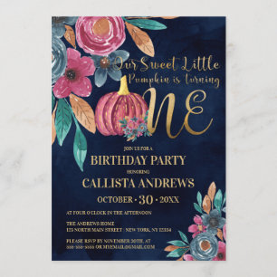 Little Pumpkin Fall Gold Floral 1st Birthday Invitation