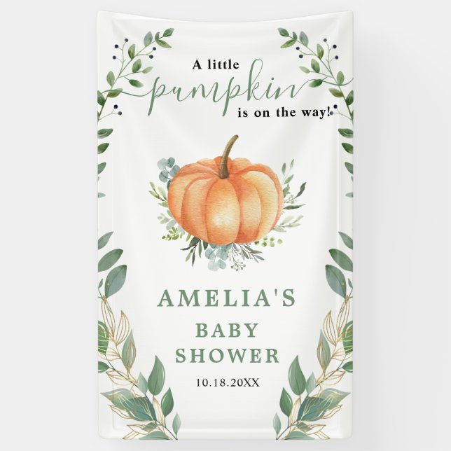 Little Pumpkin Fall Greenery Gold Baby Shower Banner (Vertical)