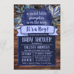 Little Pumpkin Fall Leaves Blue Wood Baby Shower Invitation
