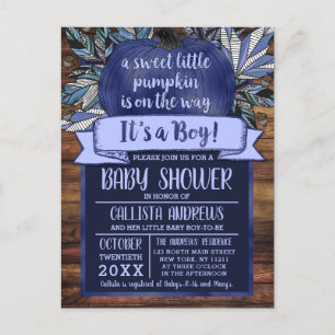 Little Pumpkin Fall Leaves Blue Wood Baby Shower Invitation Postcard