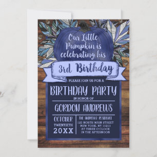 Little Pumpkin Fall Leaves Navy Blue Wood Birthday Invitation
