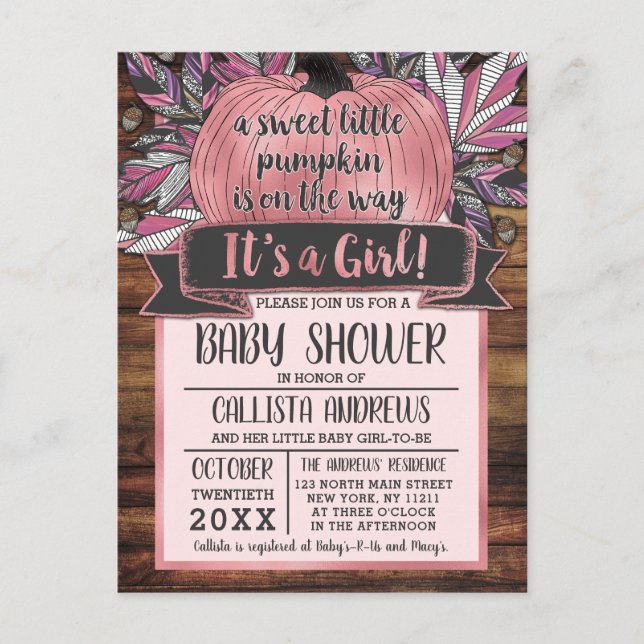Little Pumpkin Fall Leaves Pink Wood Baby Shower Invitation Postcard (Front)