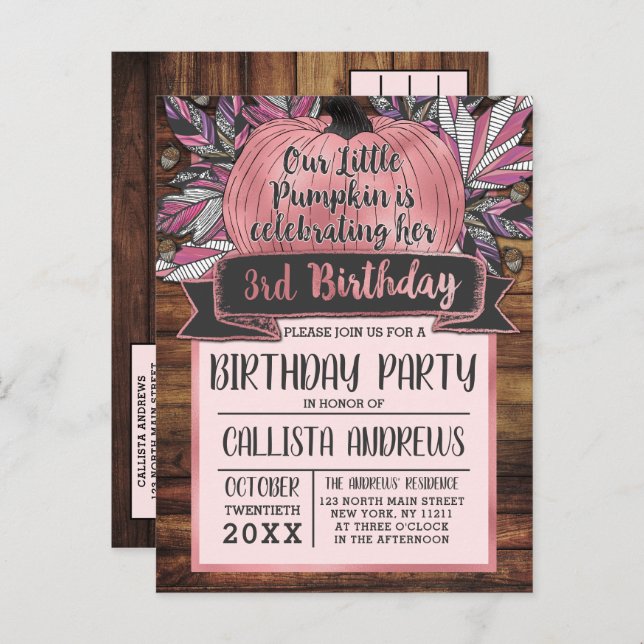 Little Pumpkin Fall Leaves Pink Wood Birthday Invitation Postcard (Front/Back)