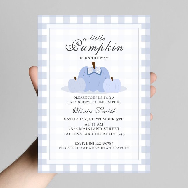 Little Pumpkin Fall Pastel Blue Bow Baby Shower  Invitation (Creator Uploaded)