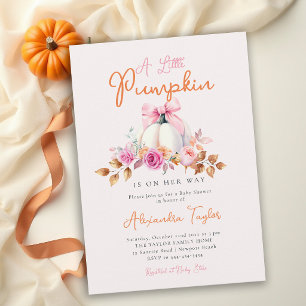Little Pumpkin Fall Pink Bow Cute Girl Baby Shower Invitation