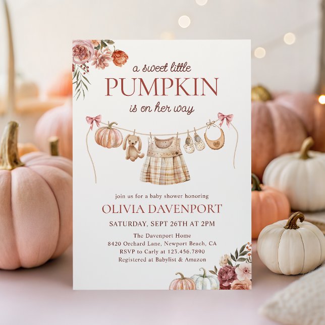 Little Pumpkin Fall Pink Floral Girl Baby Shower Invitation (Creator Uploaded)