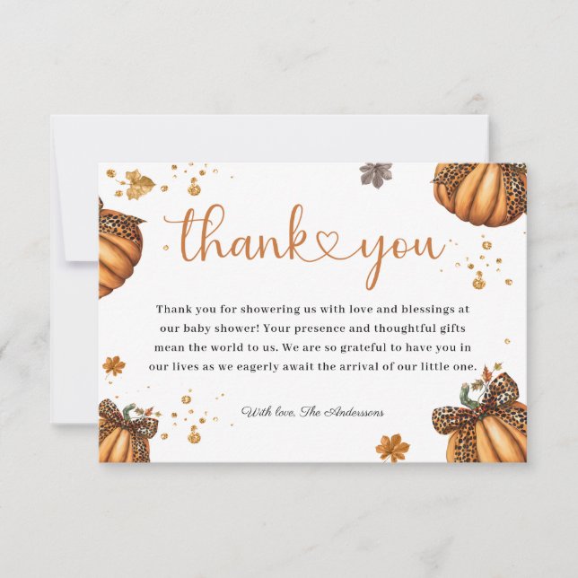 Little Pumpkin Fall Retro Leopard Bow Baby Shower Thank You Card (Front)