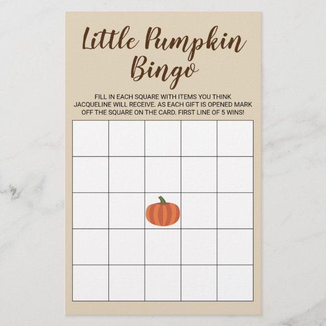 Little Pumpkin Fall Tan Baby Shower Bingo Card (Front)