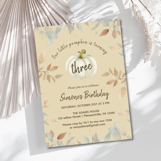 Little Pumpkin Fall Watercolor Third Birthday Invitation (Creator Uploaded)