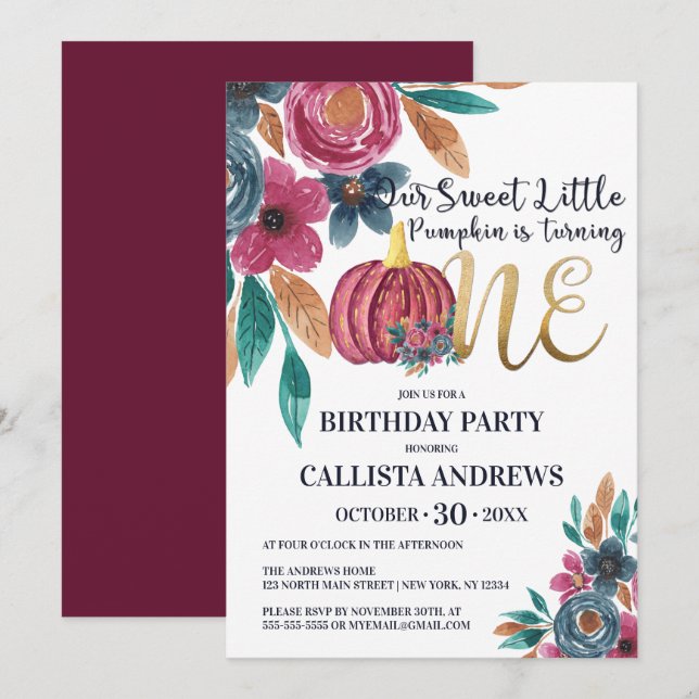 Little Pumpkin Fall White Gold Floral 1st Birthday Invitation (Front/Back)