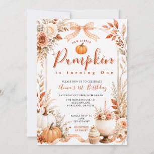 Little Pumpkin First Birthday Fall Gingham Bow Invitation