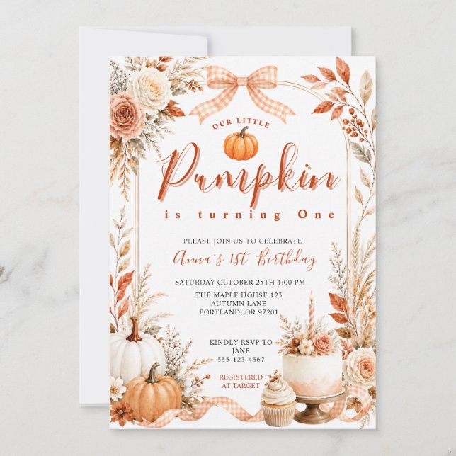 Little Pumpkin First Birthday Fall Gingham Bow Invitation (Front)