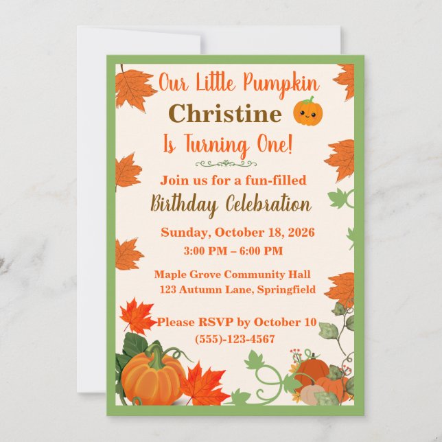 Little Pumpkin First Birthday Invitations (Front)