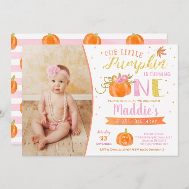 Little Pumpkin First Birthday Invitations Fall (Front/Back)