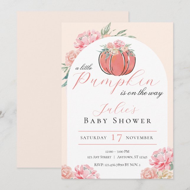 Little Pumpkin Floral Girl Baby Shower Invitation (Front/Back)