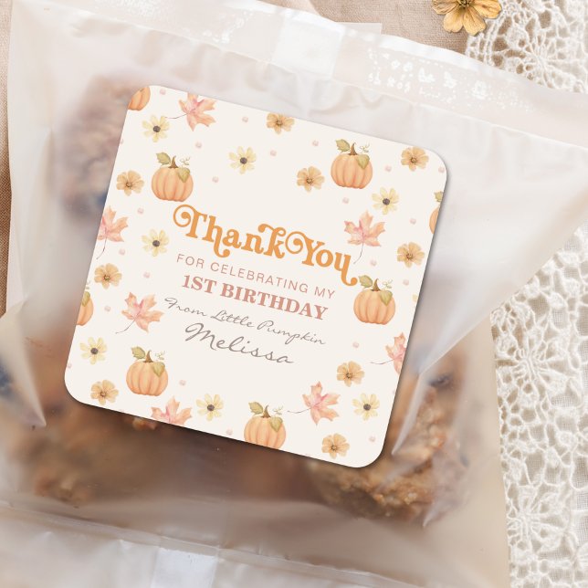 Little Pumpkin Floral Thank You Birthday  Square Sticker (Creator Uploaded)
