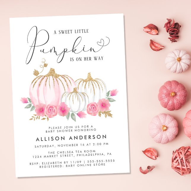 Little Pumpkin Floral Watercolor Baby Girl Shower Invitation (Celebrate the upcoming arrival of your sweet little autumn baby with a pumpkin-themed baby shower)