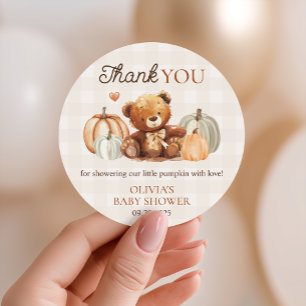 Little Pumpkin Gingham Teddy Bear Fall Baby Shower Classic Round Sticker