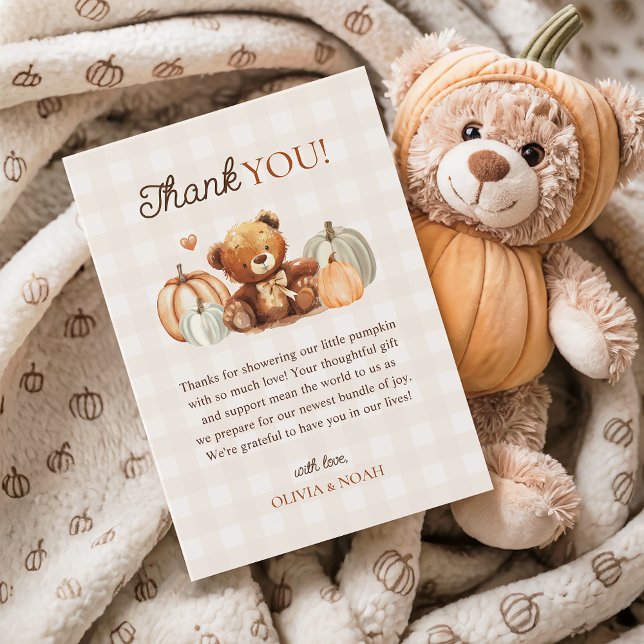 Little Pumpkin Gingham Teddy Bear Fall Baby Shower Thank You Card (Creator Uploaded)
