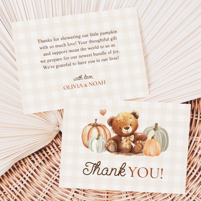 Little Pumpkin Gingham Teddy Bear Fall Baby Shower Thank You Card (Creator Uploaded)
