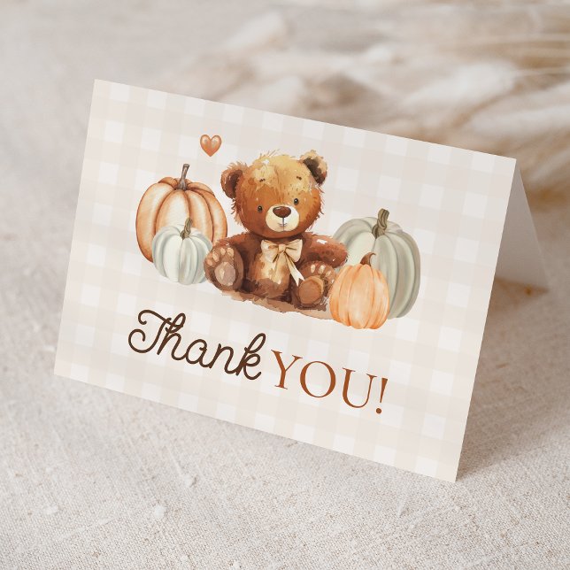 Little Pumpkin Gingham Teddy Bear Fall Baby Shower Thank You Card (Creator Uploaded)