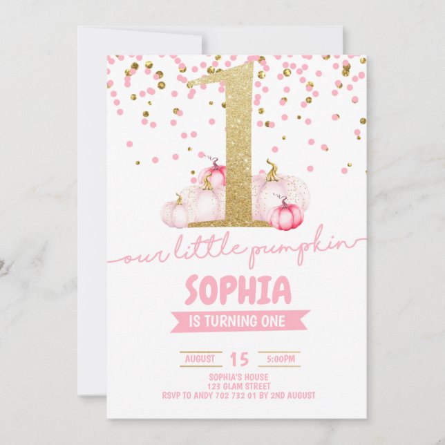 Little Pumpkin Girl 1st Birthday Gold Glitter Pink Invitation (Front)