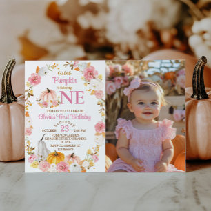 Little Pumpkin Girl 1st Birthday Photo Invitation