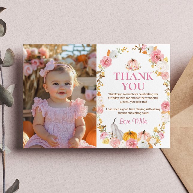 Little Pumpkin Girl Birthday Photo Thank You Card (Creator Uploaded)