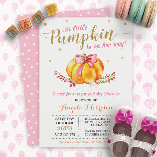 Little Pumpkin Girl Gold Pink Fall Baby Shower Invitation