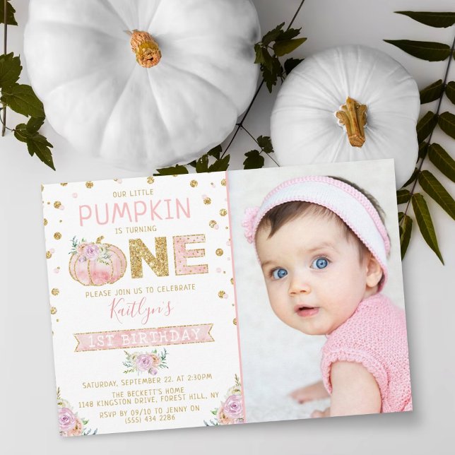 Little Pumpkin Girls 1st Birthday Photo Invitation (Creator Uploaded)