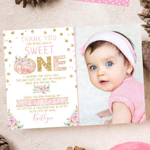 Little Pumpkin Girls 1st Birthday Photo Thank You Card