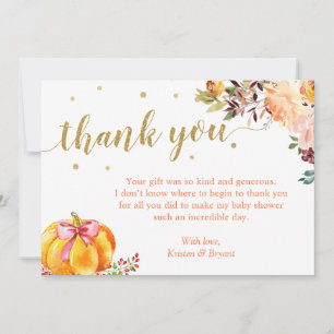 Little Pumpkin Gold Glitters Fall Girl Baby Shower Thank You Card