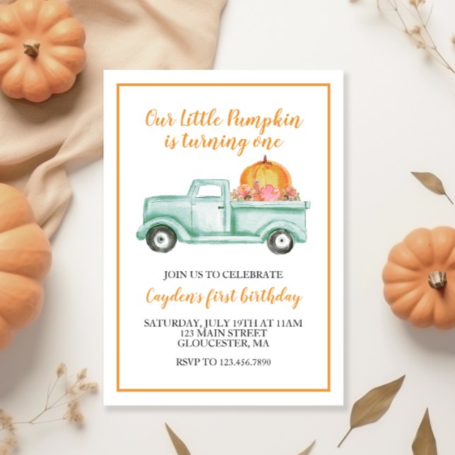 Little Pumpkin green truck and Plaid 1st birthday Invitation (Creator Uploaded)