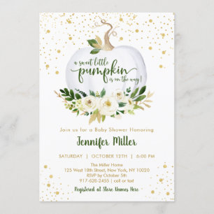 Little Pumpkin Greenery Gold Baby Shower Invitation