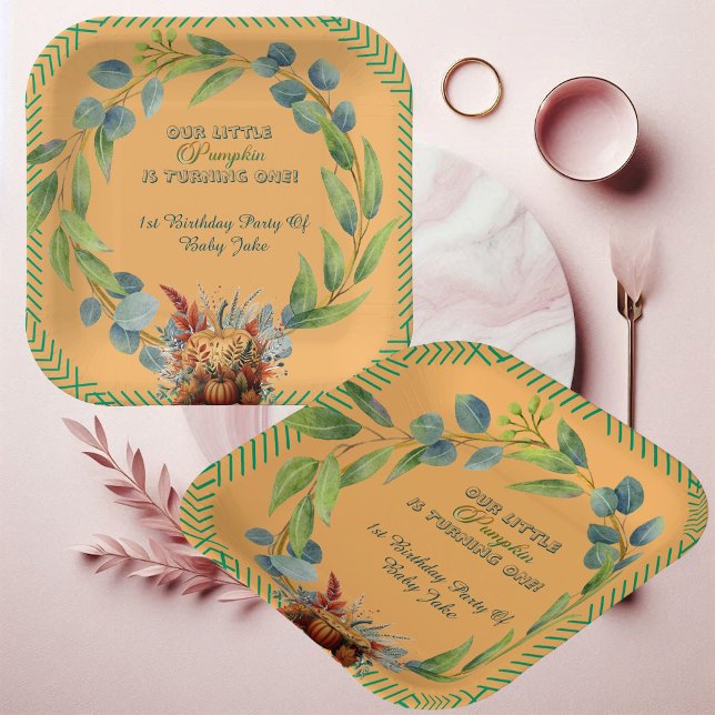Little Pumpkin Greenery Wreath Fall Pumpkin Peach  Paper Plate (Little Pumpkin Greenery Wreath Fall Pumpkin Peach Paper Plates)