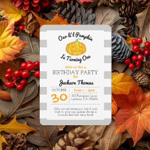 Little Pumpkin Grey Stripe Child Birthday Small Invitation