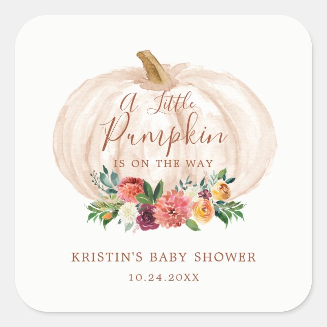 Little Pumpkin Is On The Way Fall Baby Shower Square Sticker (Front)