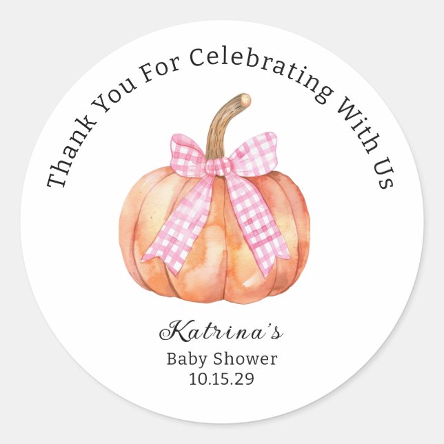 Little Pumpkin is on the Way Pink Bow Baby Shower  Classic Round Sticker (Front)