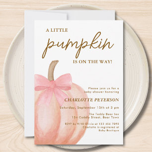 Little Pumpkin Is On The Way Pink Bow Baby Shower Invitation