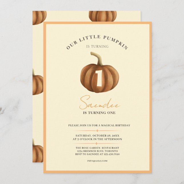 Little Pumpkin Is Turning One Invitation (Front/Back)