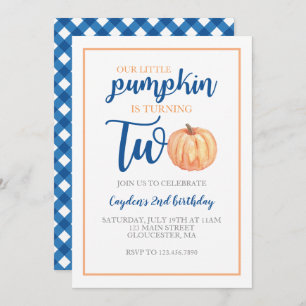 Little Pumpkin is Two Blue Fall 2nd Birthday Invitation