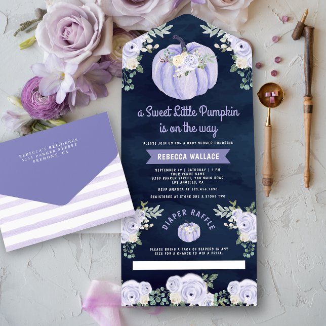 Little Pumpkin Lavender Roses Navy Baby Shower All In One Invitation (Creator Uploaded)
