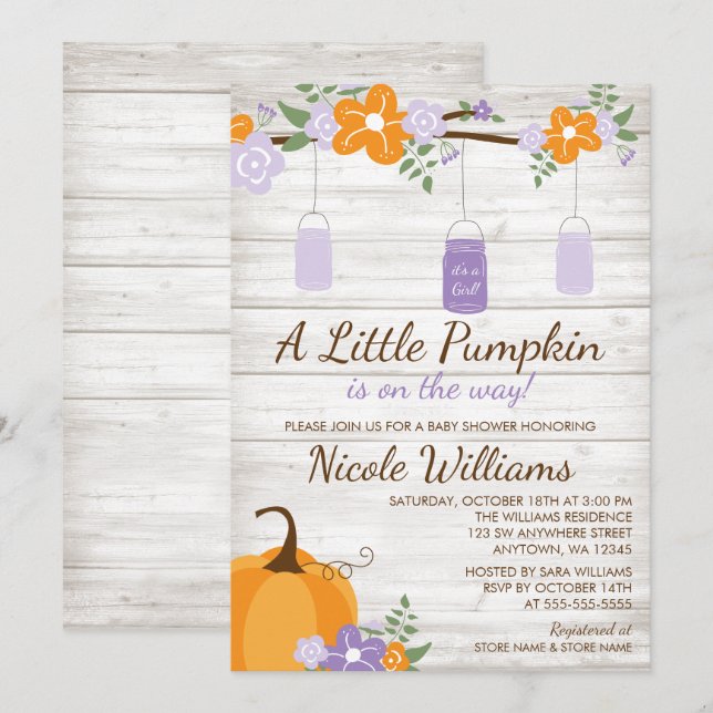 Little Pumpkin Mason Jar Lavender Girl Baby Shower Invitation (Front/Back)
