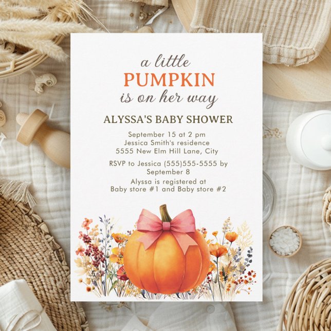 Little Pumpkin on Her Way Autumn Baby Shower Invitation (Little pumpkin baby girl shower invitation)