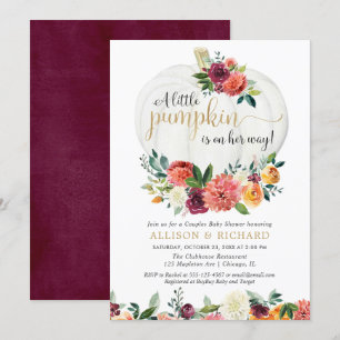 Little pumpkin on her way fall floral girl baby invitation