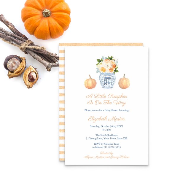 Little Pumpkin On The Way Autumn Baby Shower Party Invitation (Little Pumpkin On The Way Baby Shower Invitation With Ginger Jar and soft orange contrasts)
