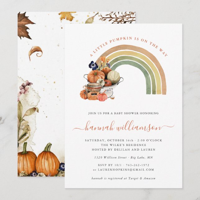 Little Pumpkin on the Way | Autumn Rainbow Invitation (Front/Back)