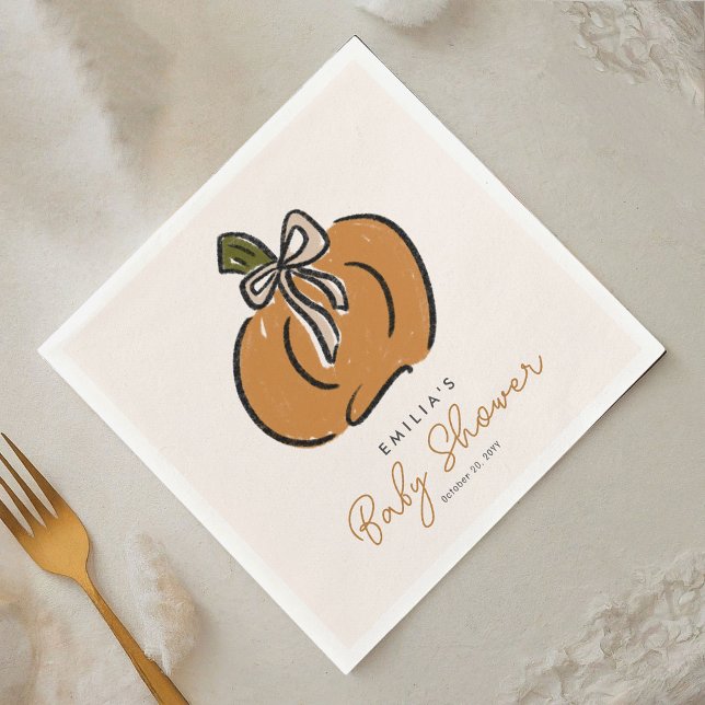 Little Pumpkin On The Way Baby Shower Napkin (A sweet little pumpkin is on the way! Cute Halloween baby shower personalized paper napkins.)