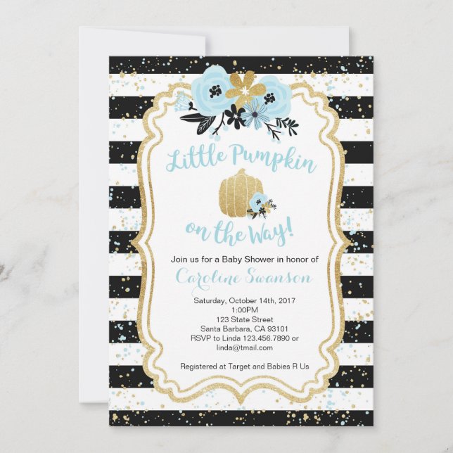 Little Pumpkin on the Way- Blue and Gold- Boy Invitation (Front)